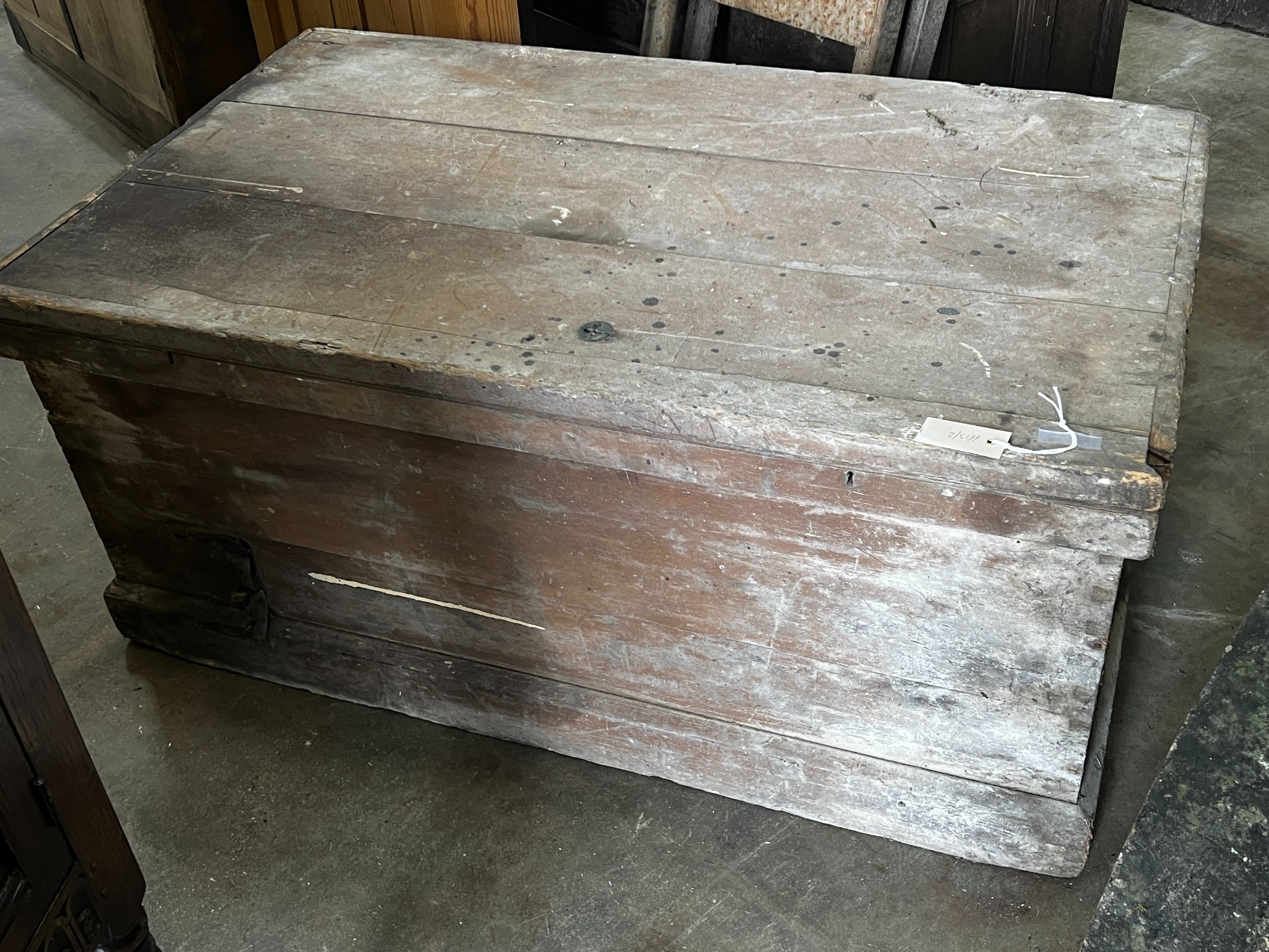 A large Victorian rectangular pine trunk, width 120cm depth 69cm height 53cm